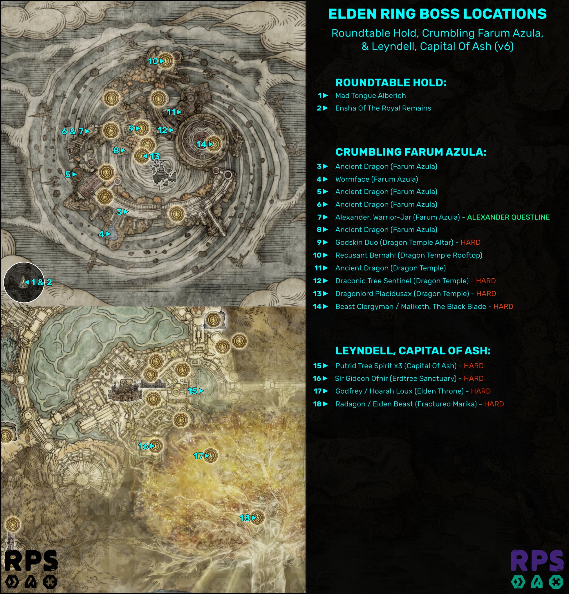A map of Crumbling Farum Azula and the Capital Of Ash in Elden Ring, with the locations of every single boss encounter marked and numbered. - 12