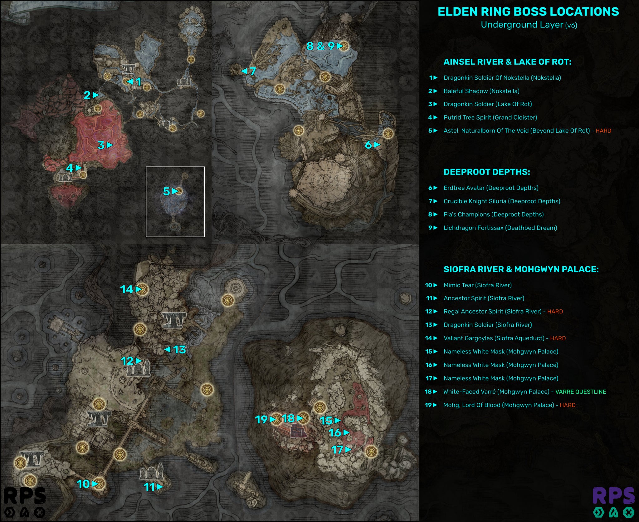 A map of the Undergound Layer regions in Elden Ring, with the locations of every single boss encounter marked and numbered. - 60