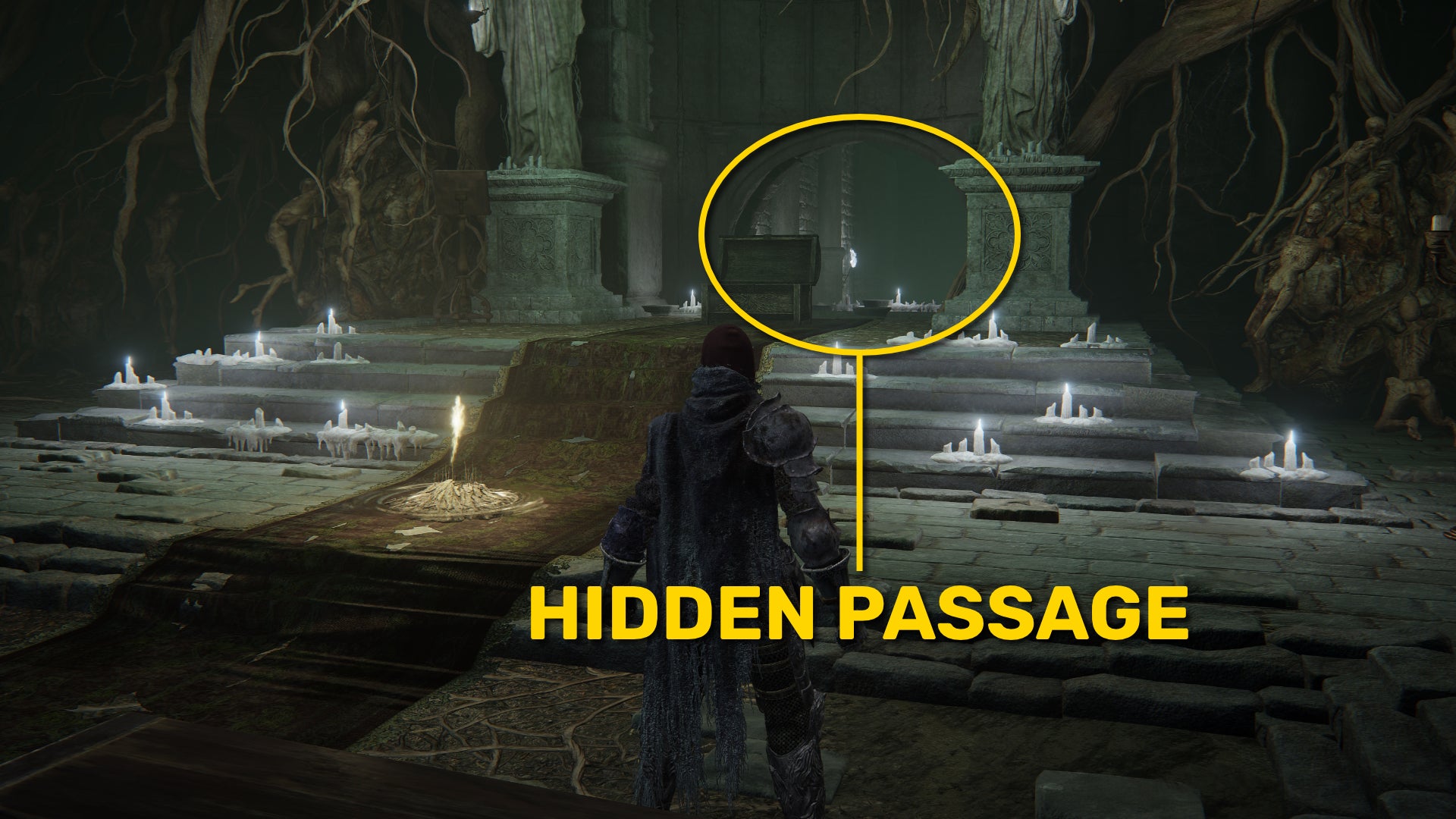 The player stands before a hidden passage at the end of the Cathedral Of The Forsaken in Elden Ring. - 6