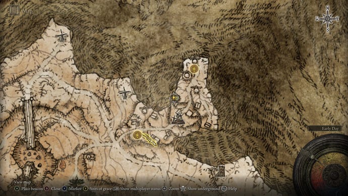 The location of the Celebrant’s Skull weapon on the map in Dominula, Village, on the northern edge of Elden Ring’s Altus Plateau