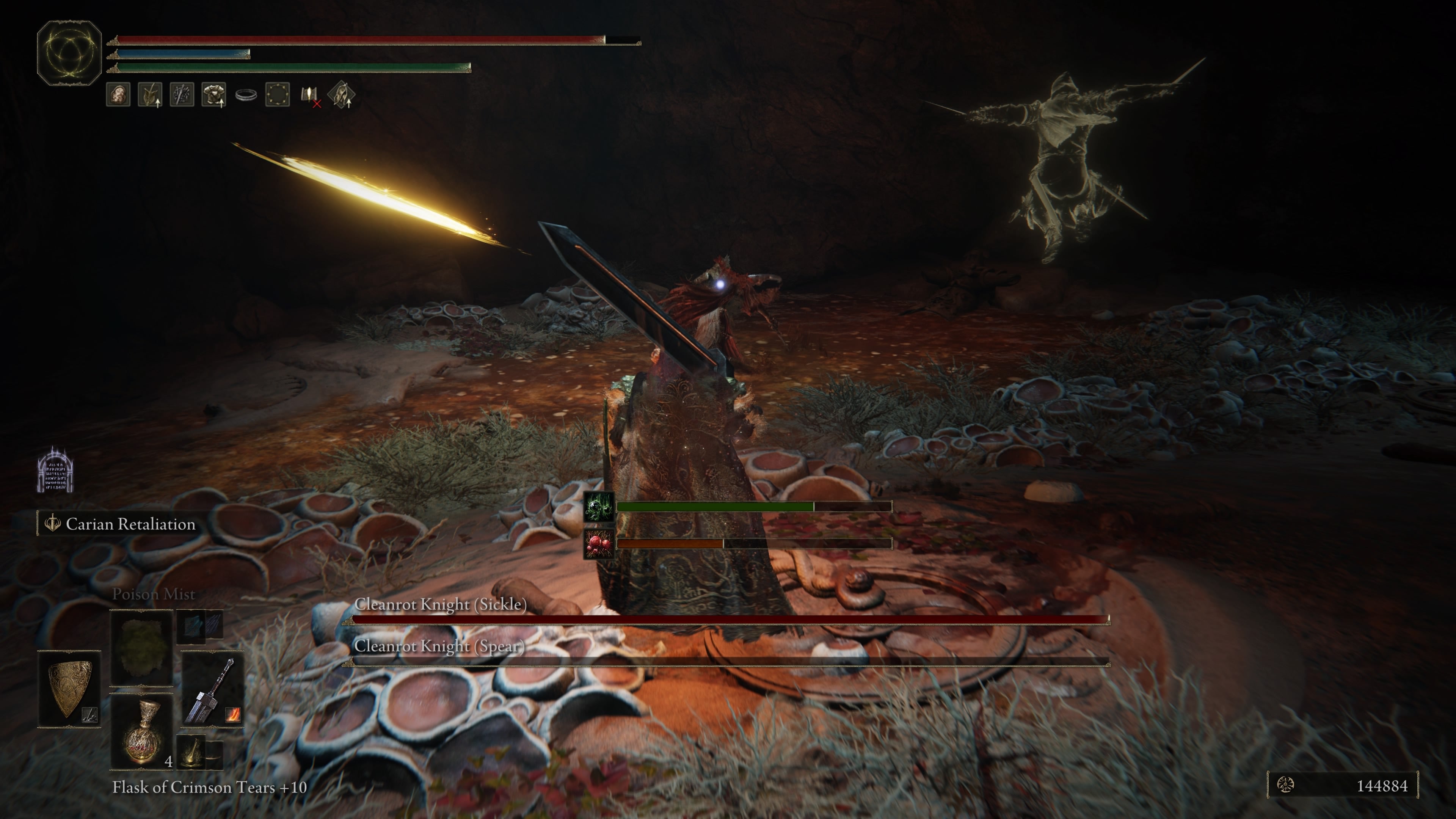 A warrior fights two Cleanrot Knights (Sickle) and (Spear) in Elden Ring&rsquo;s Caelid Abandoned Cave.