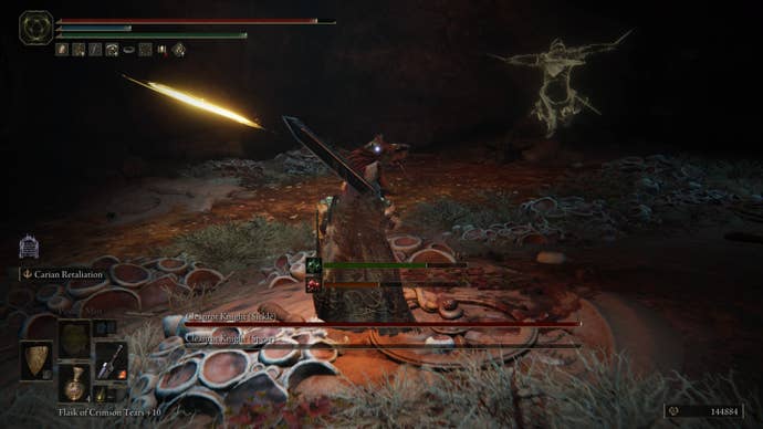 A warrior fights two Cleanrot Knights (Sickle) and (Spear) in Elden Ring’s Caelid Abandoned Cave.