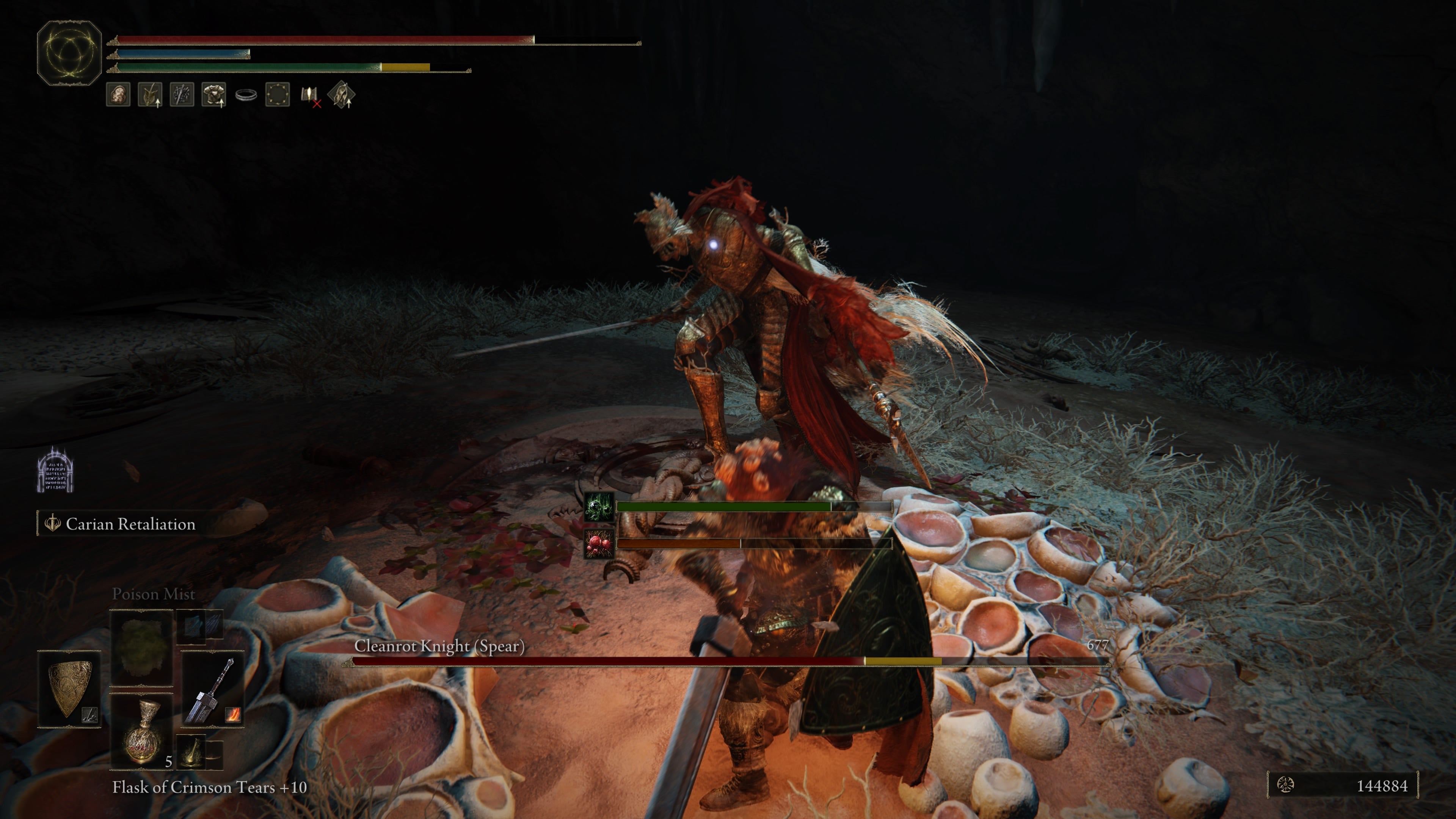 A warrior fights the Cleanrot Knight (Spear) in the Caelid Abandoned Cave in Elden Ring