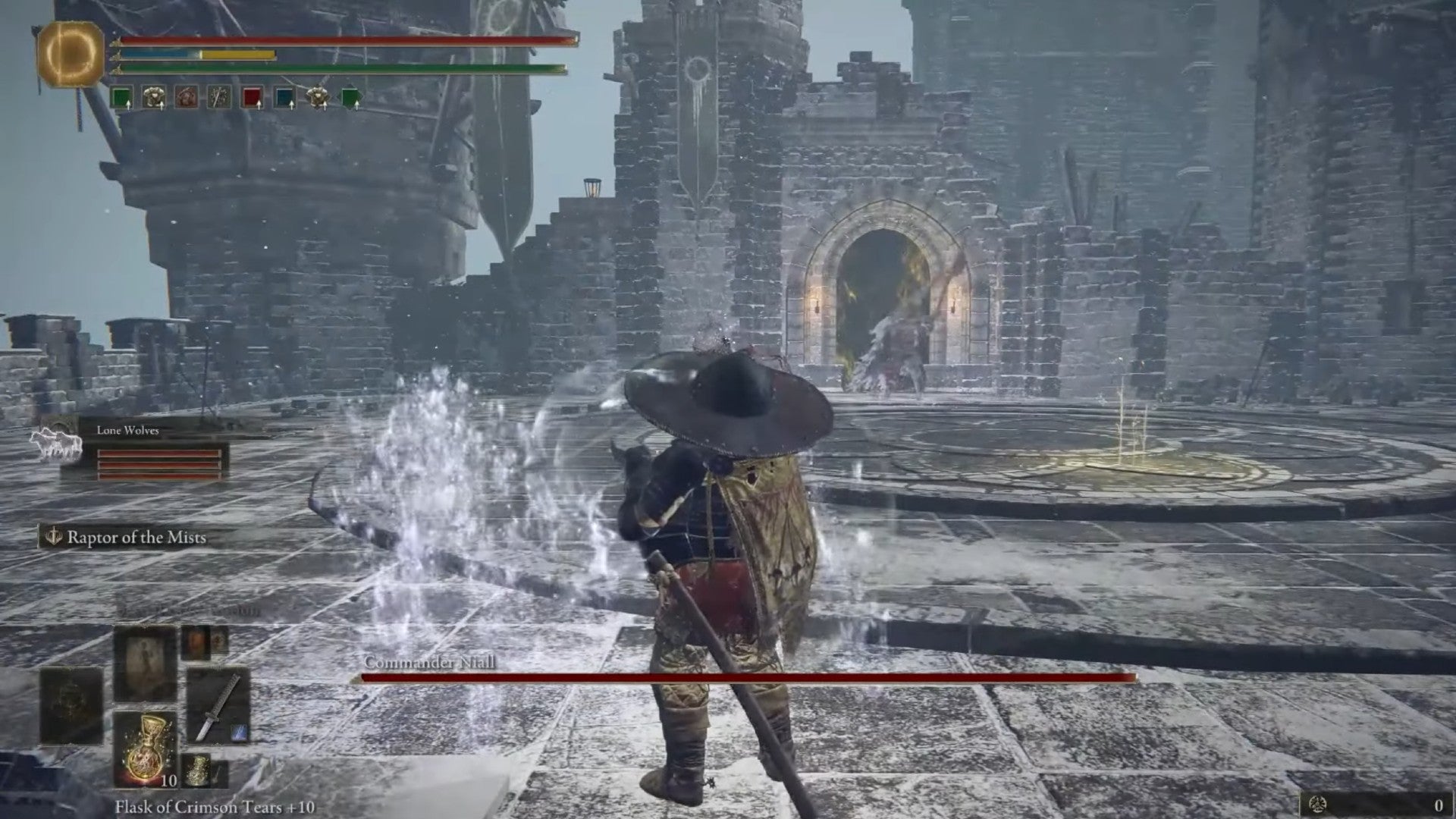 Elden Ring player summons wolf spirits to fight Commander Niall in a snowy castle - 31