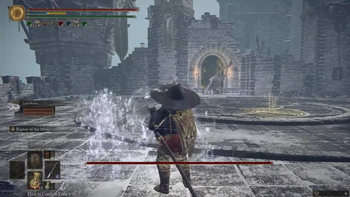 Elden Ring player summons wolf spirits to fight Commander Niall in a snowy castle