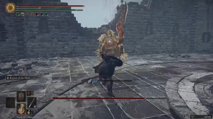 The Elden Ring player lunges towards Commander Niall in Castle Sol.