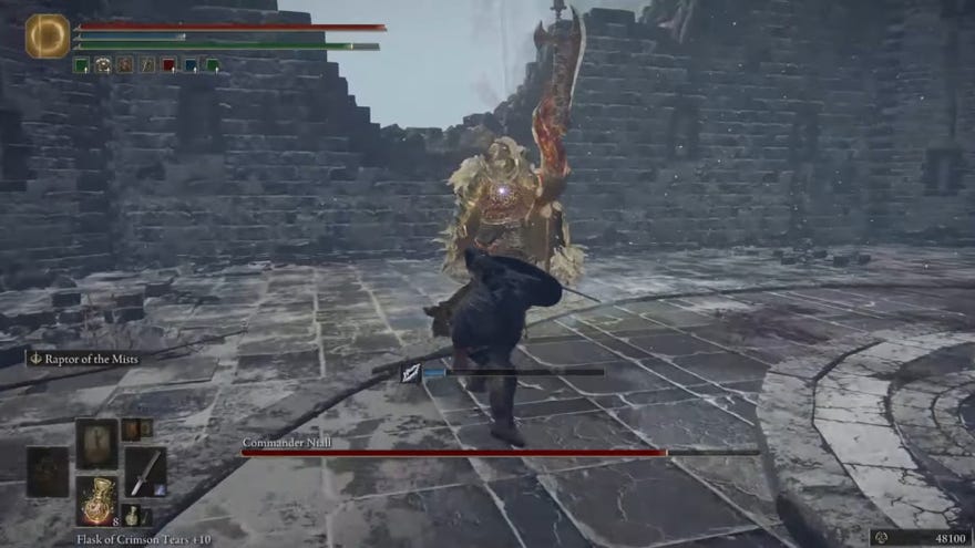 The Elden Ring player lunges towards Commander Niall in Castle Sol.