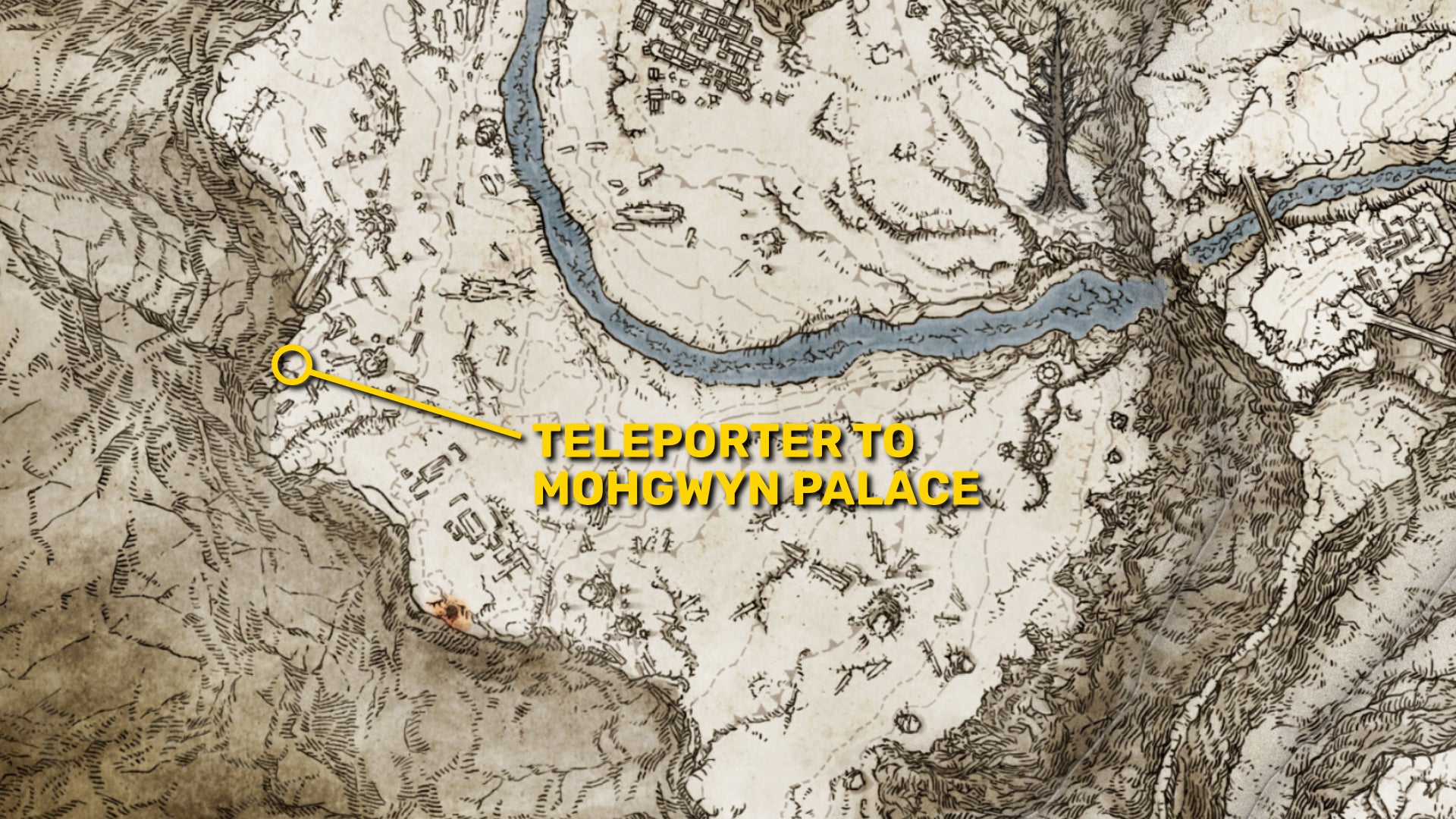 Part of the Elden Ring map of the Consecrated Snowfield, with the location of the teleporter to Mohgwyn Palace highlighted in yellow. - 6