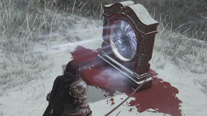 The player in Elden Ring approaches a teleporter in the snow, with bloodstains on the floor around it.