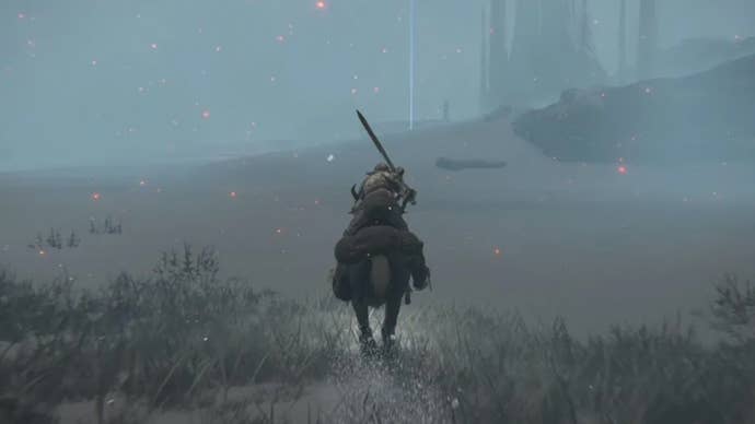 An Elden Ring character riding through the Consecrated Snowfield region.