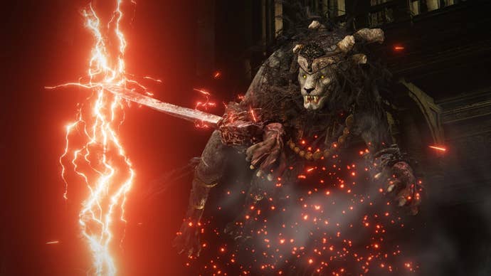 A Leonine enemy in Elden Ring’s Convergence mod casts a powerful red lightning spell at the player.