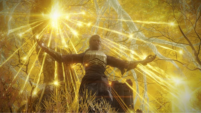 A player in Elden Ring casts a golden spell from the Convergence mod.