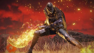 Player character in Elden Ring poses with curved flaming sword
