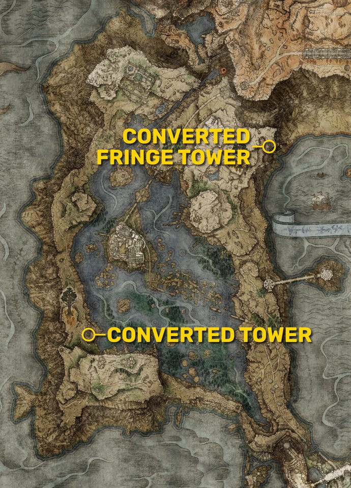 Un mapa de Liurnia en Elden Ring, con las ubicaciones de las dos Torres Convertidas resaltadas en amarillo.