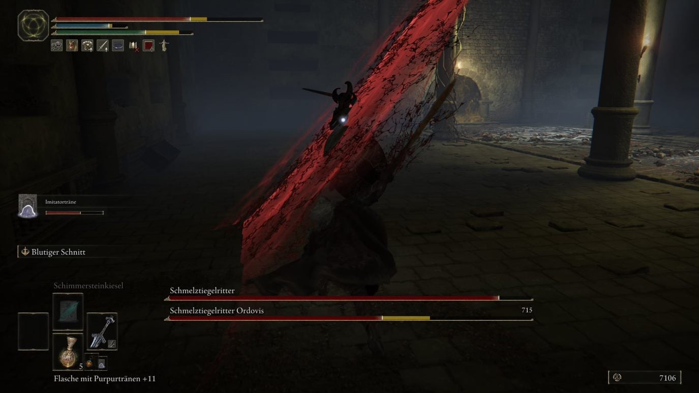 A warrior fights against Crucible Knight Ordovis in Elden Ring