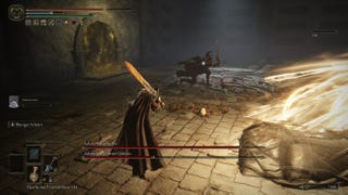 A warrior dodges a bright flash attack while facing Crucible Knight Ordovis in Elden Ring