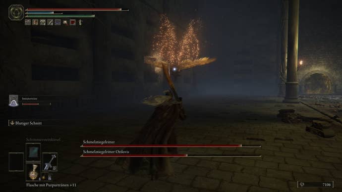 A warrior prepares to dodge a rush attack from Crucible Knight Ordovis in Elden Ring.