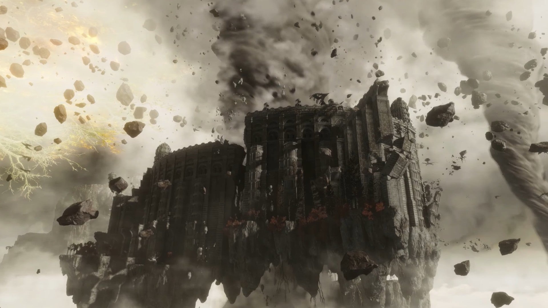 Elden Ring cutscene shows a large stone landmass hovering in the air, as chunks of stone fall from the side and tornados hover nearby. - 33