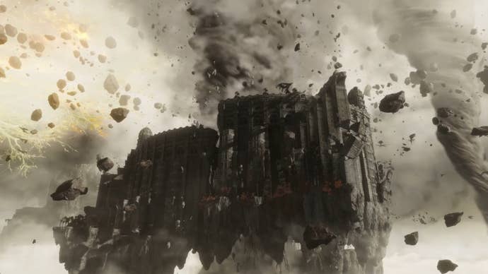 Elden Ring cutscene shows a large stone landmass hovering in the air, as chunks of stone fall from the side and tornados hover nearby.