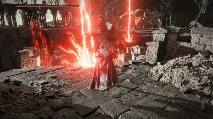 A warrior dodges red bolts of lightning in Crumbling Farum Azula in Elden Ring.