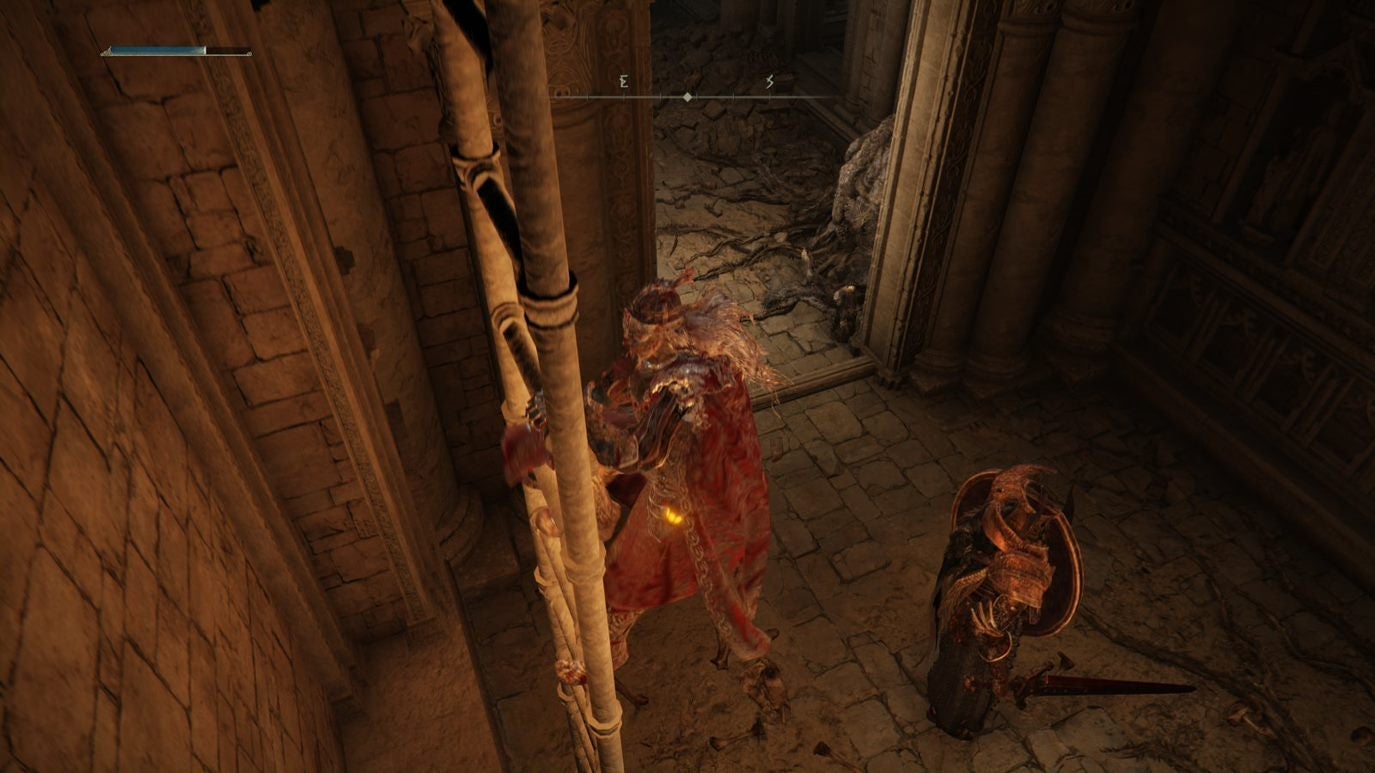 A warrior climbs a ladder in Crumbling Farum Azula in Elden Ring.