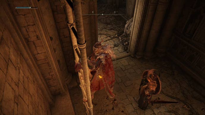 A warrior climbs a ladder in Crumbling Farum Azula in Elden Ring.