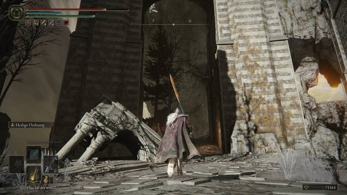 A warrior heads between two large pillars in Crumbling Farum Azula in Elden Ring.