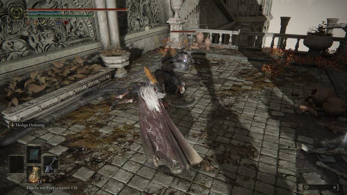 A warrior approaches sleeping beastmen in Crumbling Farum Azula in Elden Ring.