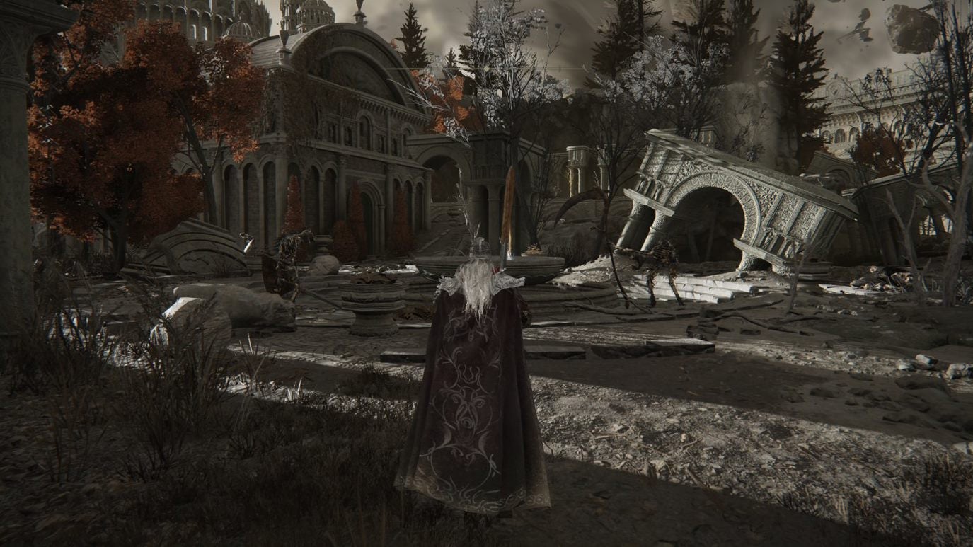 A warrior approaches an open area with a skeleton holding a scythe in Crumbling Farum Azula in Elden Ring.
