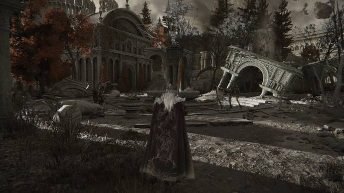 A warrior approaches an open area with a skeleton holding a scythe in Crumbling Farum Azula in Elden Ring.