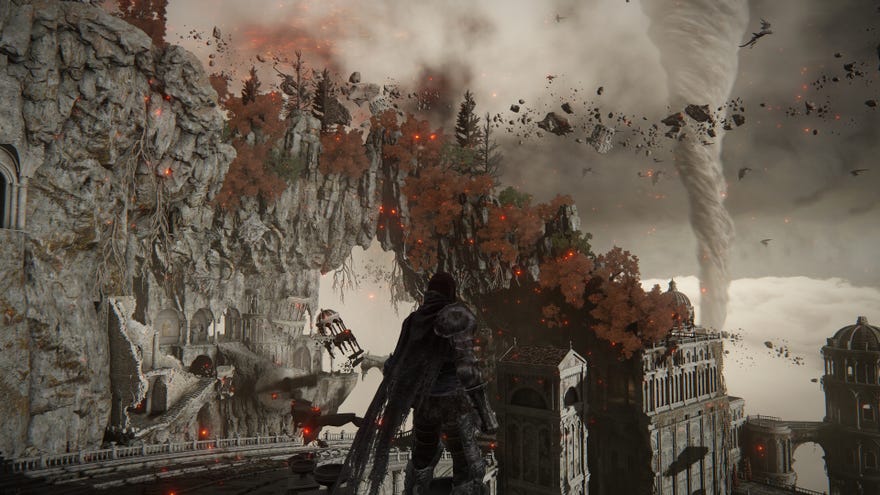 The player in Elden Ring stands on the ledge of a winding path in Crumbling Farum Azula.