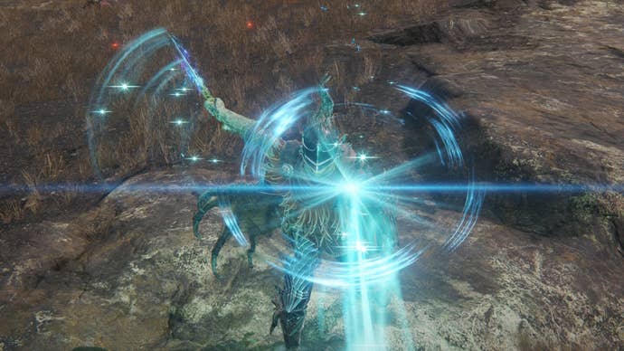 A warrior wields the Glintstone Kris dagger in Elden Ring.