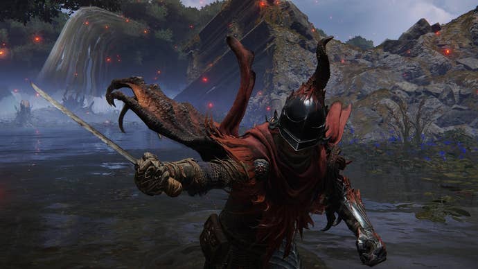 A warrior wields the Bloodstained Dagger in Elden Ring.