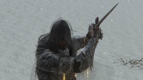 The player character prepares to stab toward the camera using the Misericorde dagger in Elden Ring
