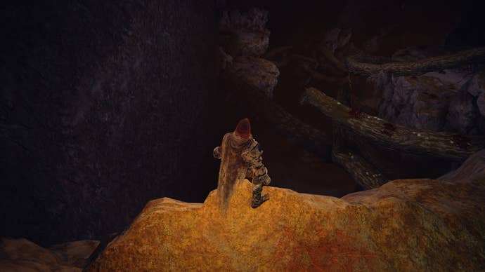 The player in Elden Ring looks down from the edge of a large cliff in Deeproot Depths.