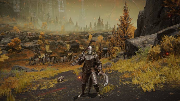 Elden Ring player standing on an Autumnal field wearing a full Bloodhound armor set and wielding the Bloodhound’s Fang and Bloodhound Claws