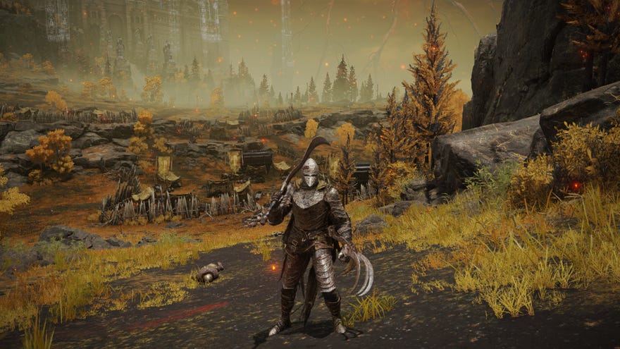 Elden Ring player standing on an Autumnal field wearing a full Bloodhound armor set and wielding the Bloodhound’s Fang and Bloodhound Claws