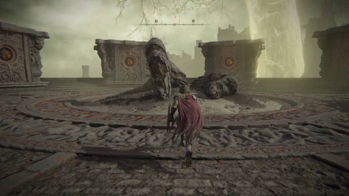 Elden Ring: the player stands on the summit of the Divine Tower of Caelid, looking at the point between the Two Fingers where General Radahn’s Great Rune can be activated.