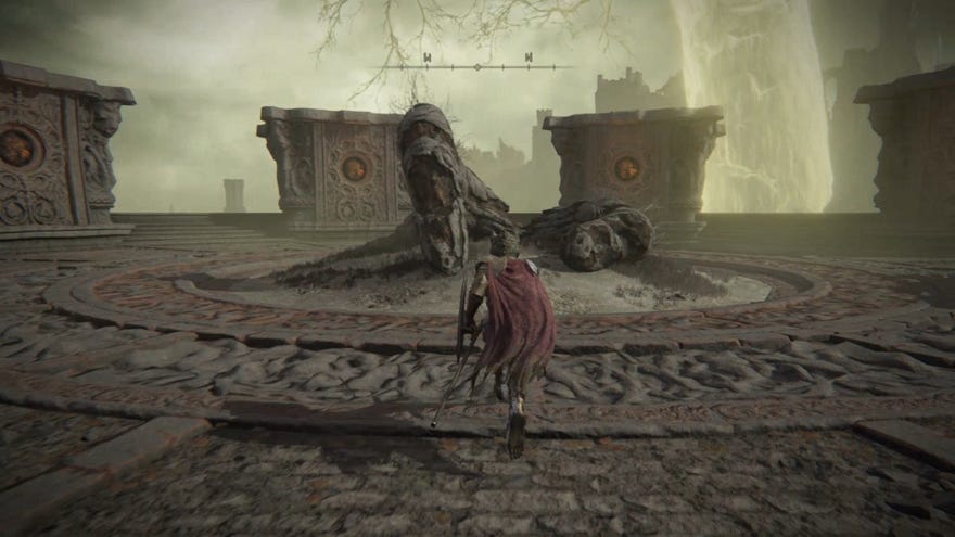 Elden Ring: the player stands on the summit of the Divine Tower of Caelid, looking at the point between the Two Fingers where General Radahn’s Great Rune can be activated.