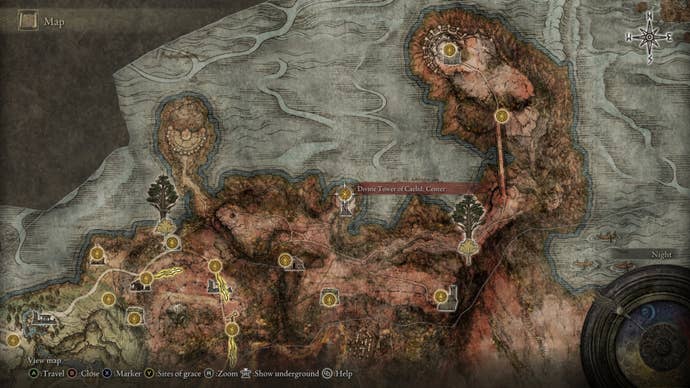 Part of the Elden Ring map, with the location of the Divine Tower of Caelid marked.