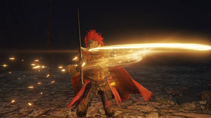 An Elden Ring Tarnished in Radahn’s armor casting a DLC Incantation