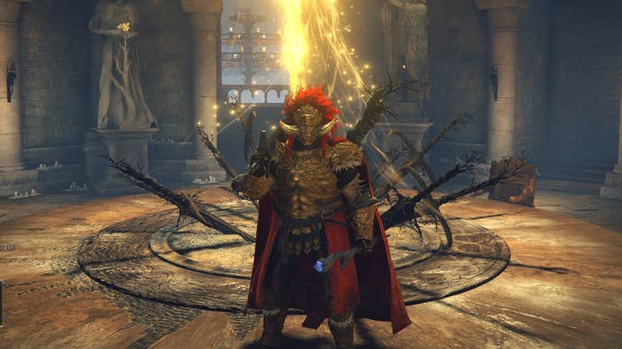 An Elden Ring Tarnished wearing Radahn’s Young Lion gear in Roundtable Hold