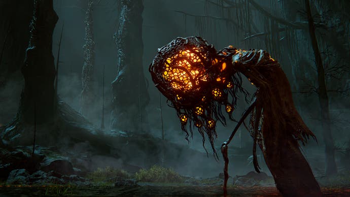 Artwork of Elden Ring enemy with skeletal limbs and giant bulbous golden head