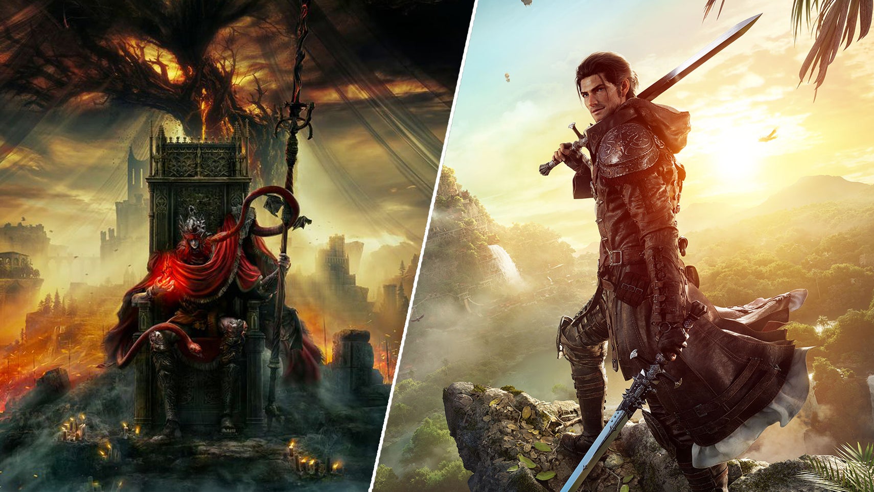 A man with red hair sat in a chair in front of a dead tree in Elden Ring Shadow of the Erdtree. A man with a sword held over his shoulder overlooking a jungle area in Final Fantasy 14 Dawntrail. - 1