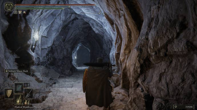An Elden Ring Tarnished in Belurat Gaol, where the Swordsman Yosh Spirit Ash is