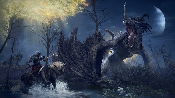 On horseback, the player fights a dragon in Elden Ring.