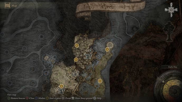 Part of the Elden Ring map, with the location of D’s brother marked.