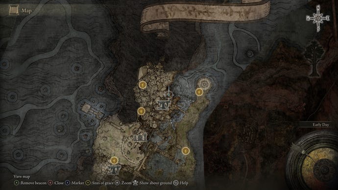 Part of the Elden Ring map, with the location of D’s brother marked.