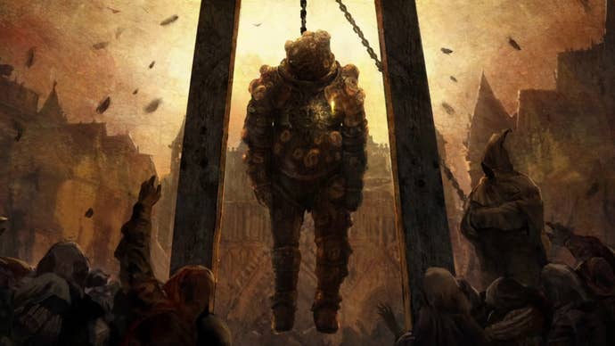 A screenshot from a cutscene in Elden Ring depicting the Loathsome Dung Eater being hanged by a group of people.