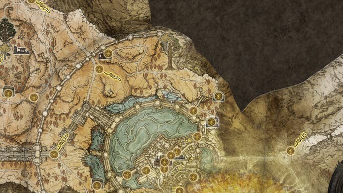 Part of the Elden Ring map, with the location of the Dung Eater invasion fight marked.